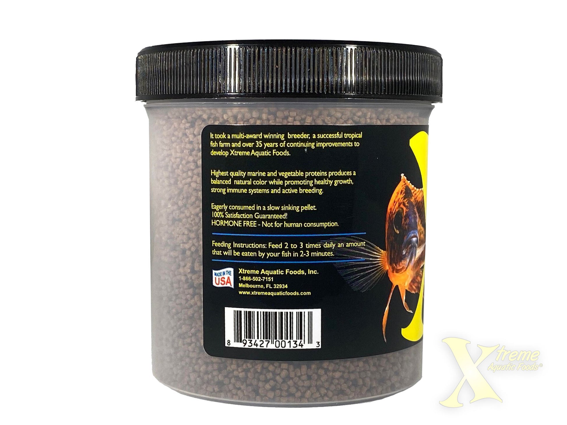 Xtreme Cichlid PeeWee jar back label with feeding instructions, made in USA