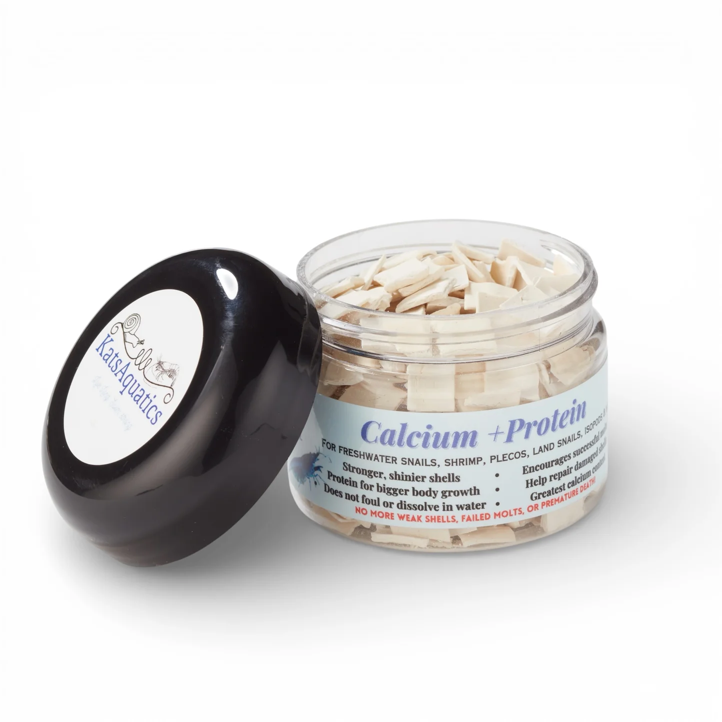 KatsAquatics Calcium + Protein jar, a freshwater calcium food for snails, shrimp, plecos, and isopods