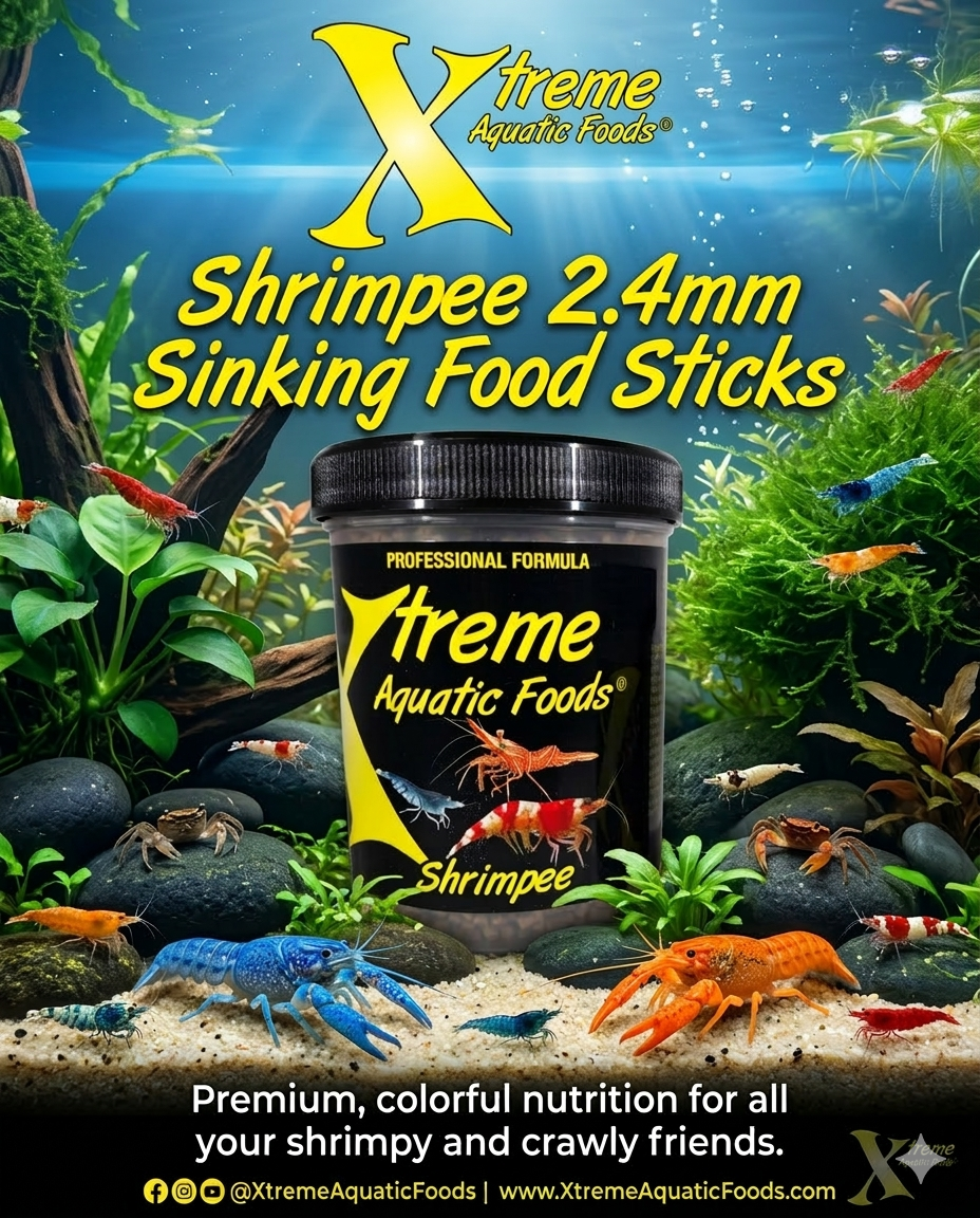 Xtreme Shrimpee 2.4mm sinking sticks, complete food for freshwater shrimp, snails, and bottom feeders