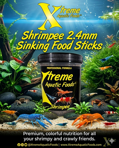 Xtreme Shrimpee 2.4mm sinking sticks, complete food for freshwater shrimp, snails, and bottom feeders