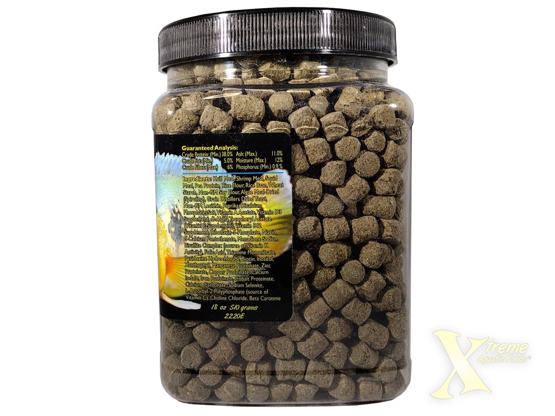Xtreme Aquatic Foods Monster 9mm pellets large 18 oz jar label with guaranteed analysis