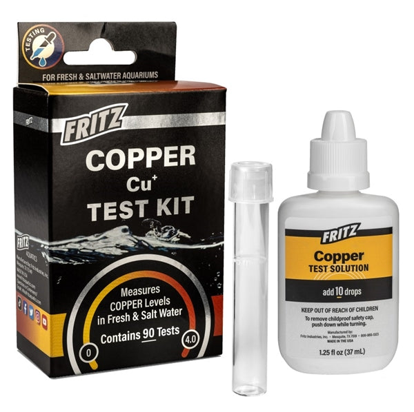 Fritz Copper Cu+ Test Kit - 90-test liquid reagent for free & chelated copper in freshwater and saltwater aquariums