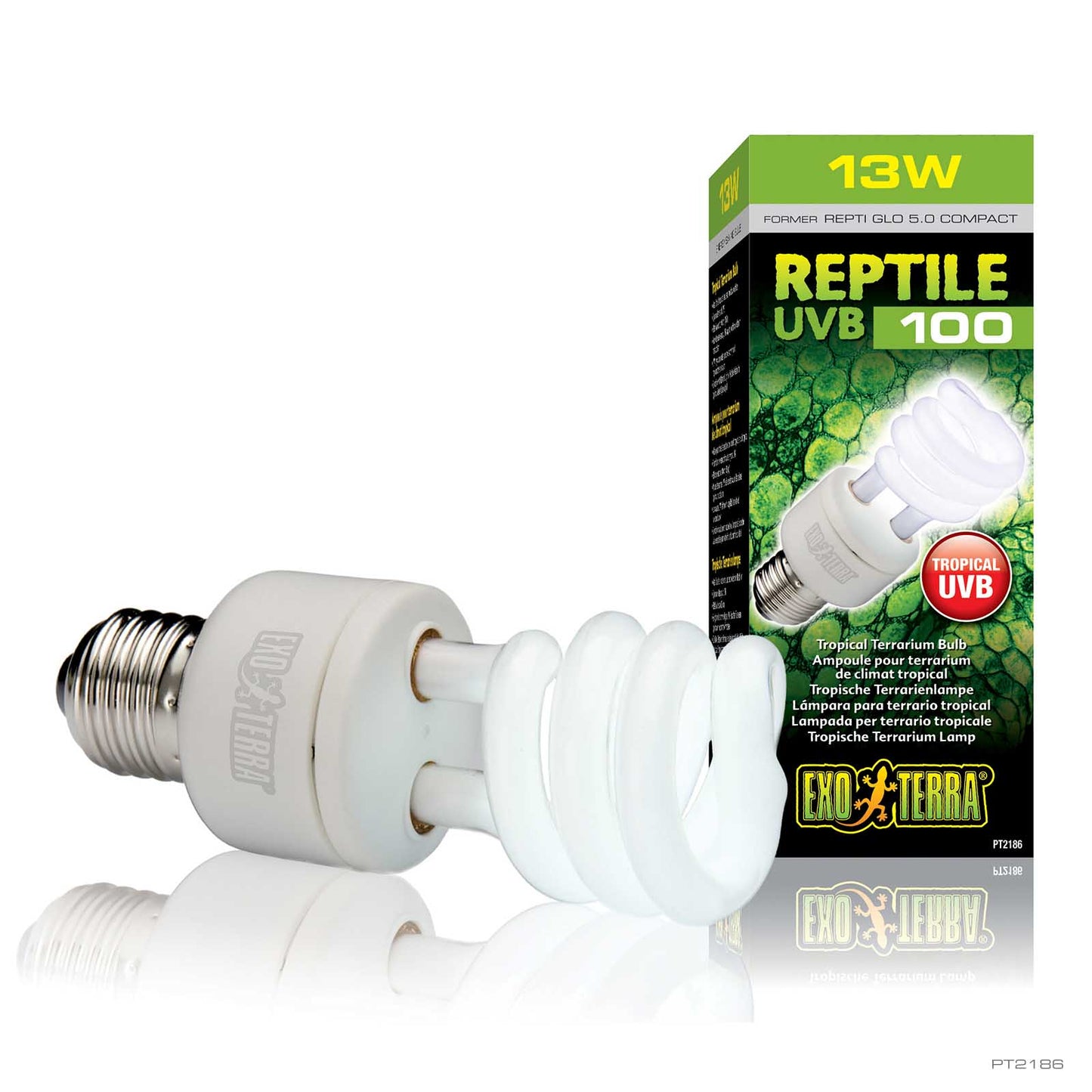 Exo Terra Reptile UVB100 tropical terrarium bulb, 13 watt compact fluorescent lamp shown with its packaging
