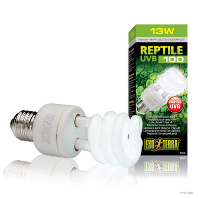 Exo Terra Reptile UVB100 tropical terrarium bulb, 13 watt compact fluorescent lamp shown with its packaging