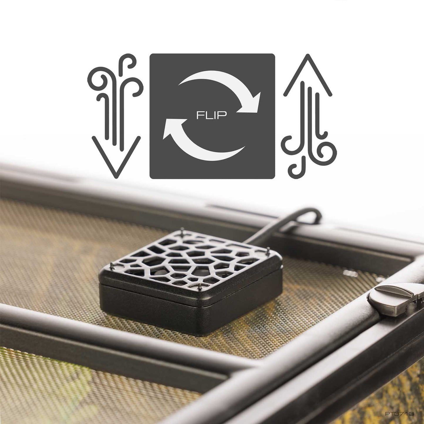 Exo Terra Terrarium Silent Mini Fan on a terrarium screen showing reversible flip airflow