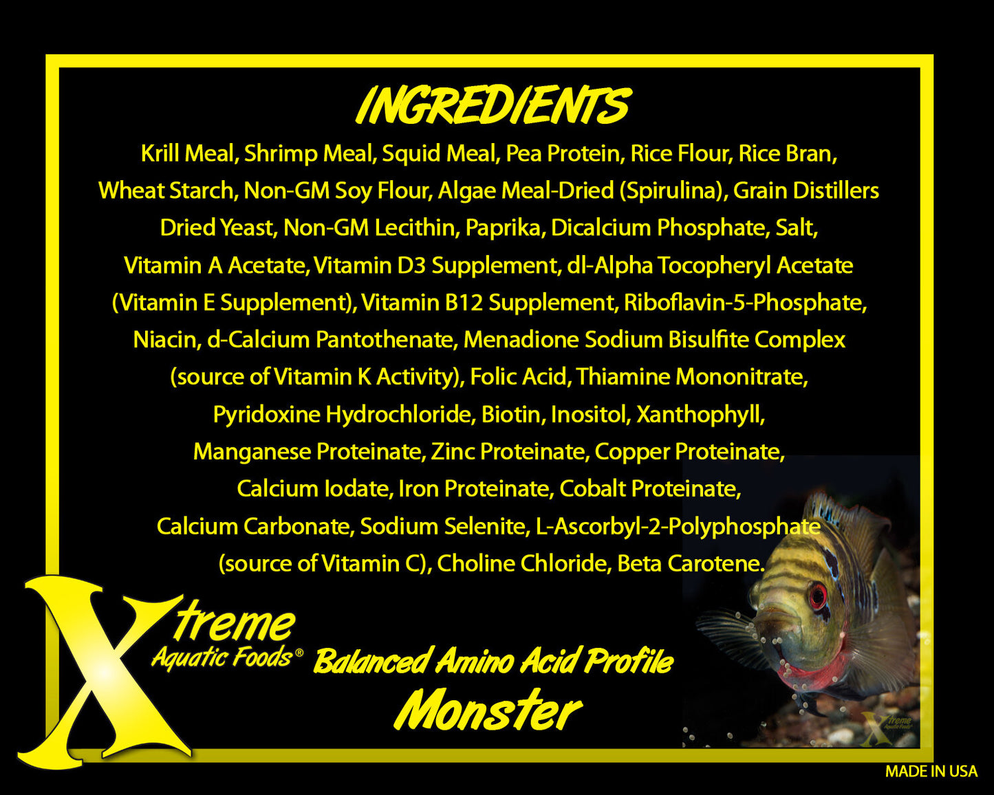 Xtreme Aquatic Foods Monster ingredients list with balanced amino acid profile