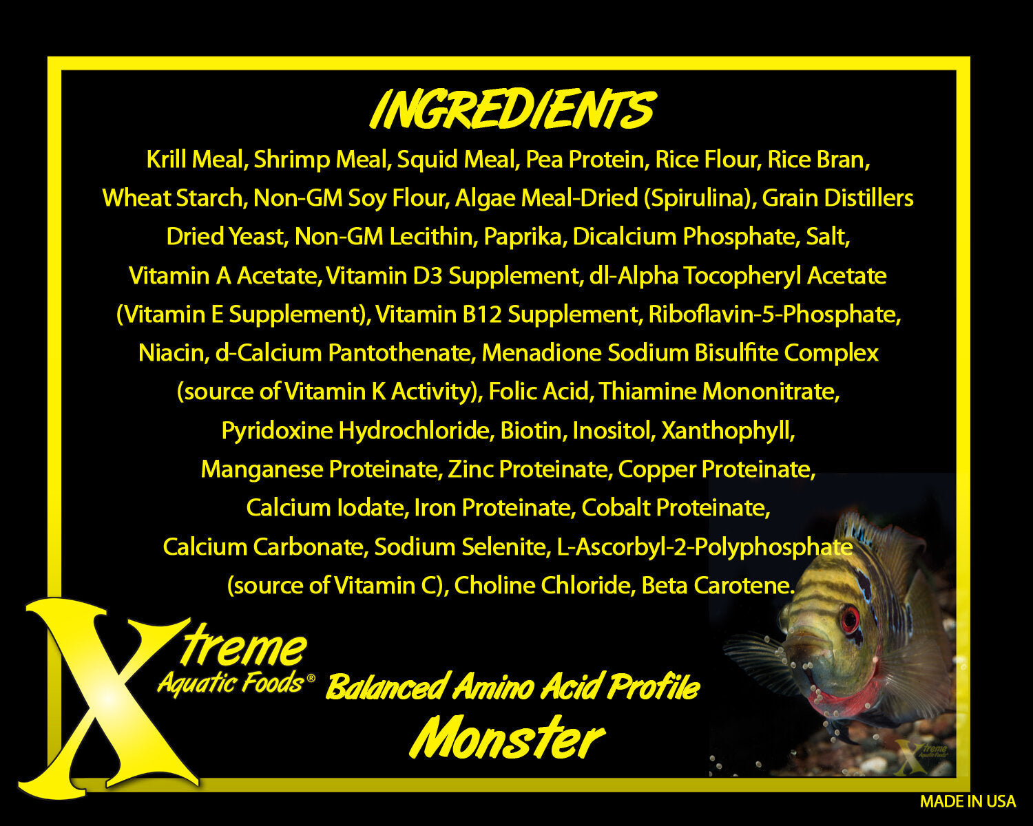 Xtreme Aquatic Foods Monster ingredients list with balanced amino acid profile