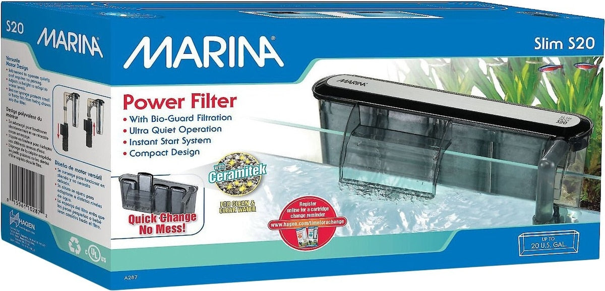 Marina Slim S20 Power Filter box, quiet hang-on-back filter with Bio-Guard filtration and Ceramitek media for freshwater aquariums up to 20 gallons