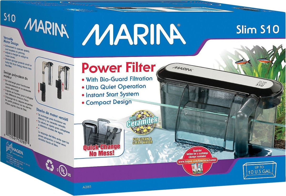 Marina Slim S10 Power Filter box, compact hang-on-back filter with Bio-Guard filtration and Ceramitek media for freshwater aquariums up to 10 gallons