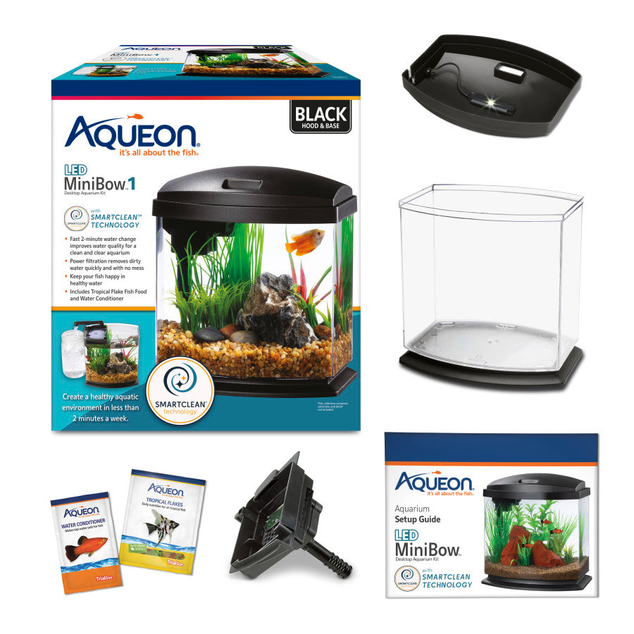 Aqueon LED MiniBow 1 Gallon Kit contents: tank, LED hood, SmartClean filter, water conditioner and food