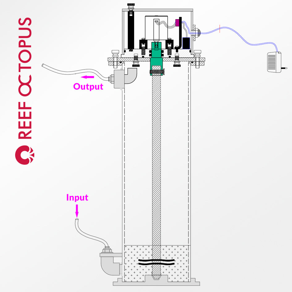 Reef Octopus KS250 Nilson Kalk Reactor cutaway diagram showing bottom input, top output, stirrer shaft and motor