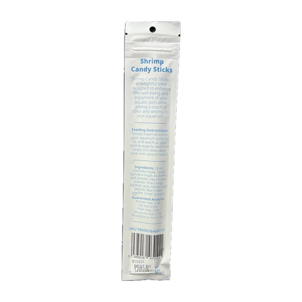 Back of the Liquid Gardens Shrimp Candy Sticks package showing feeding instructions, ingredients and guaranteed analysis
