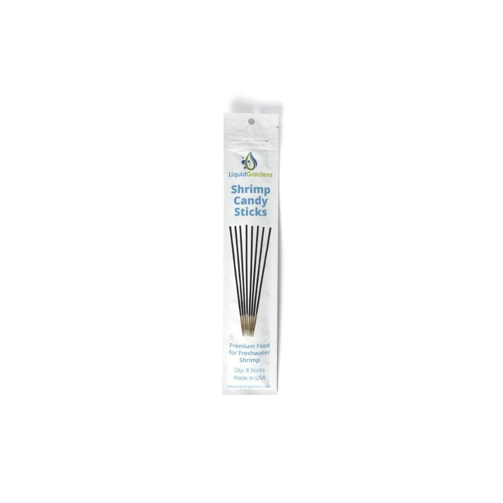 Liquid Gardens Shrimp Candy Sticks package holding eight plant-based feeding sticks for freshwater shrimp