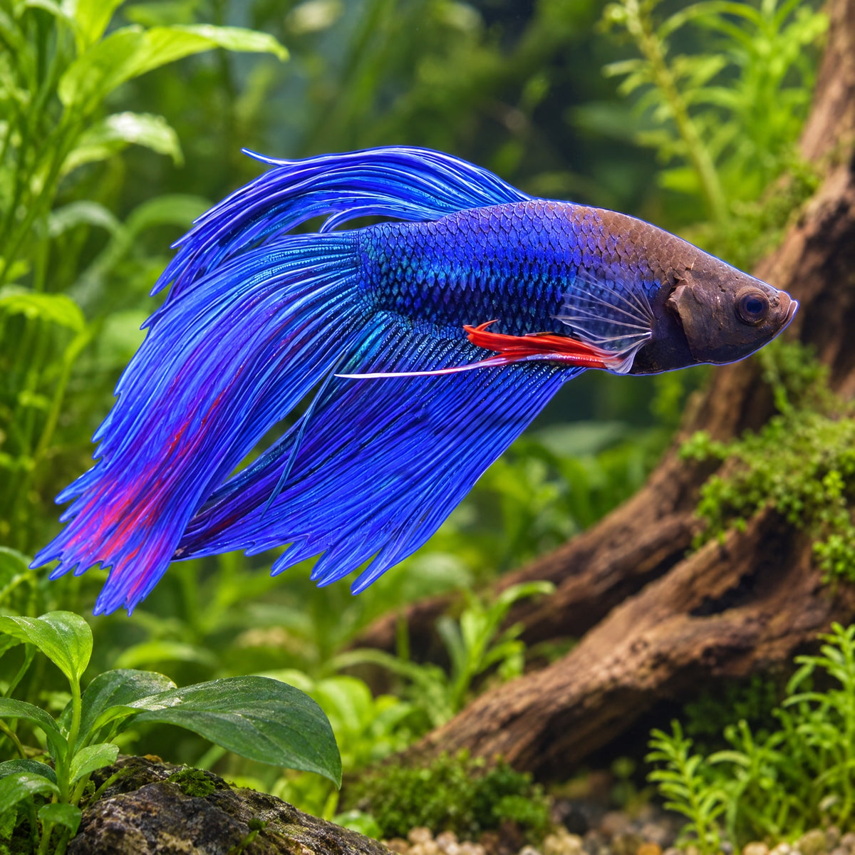 Male Betta (Betta splendens) assorted colors veiltail, blue example in a planted freshwater aquarium