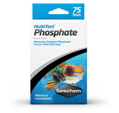 Seachem MultiTest Phosphate test kit box, 75 tests measuring inorganic phosphate to under 0.05 mg/L in freshwater and marine aquariums