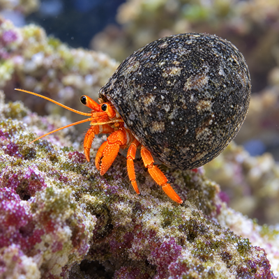 Neon Orange Reef Hermit Crab (Paguristes sp.) saltwater hermit with bright orange legs in a dark speckled shell on live rock