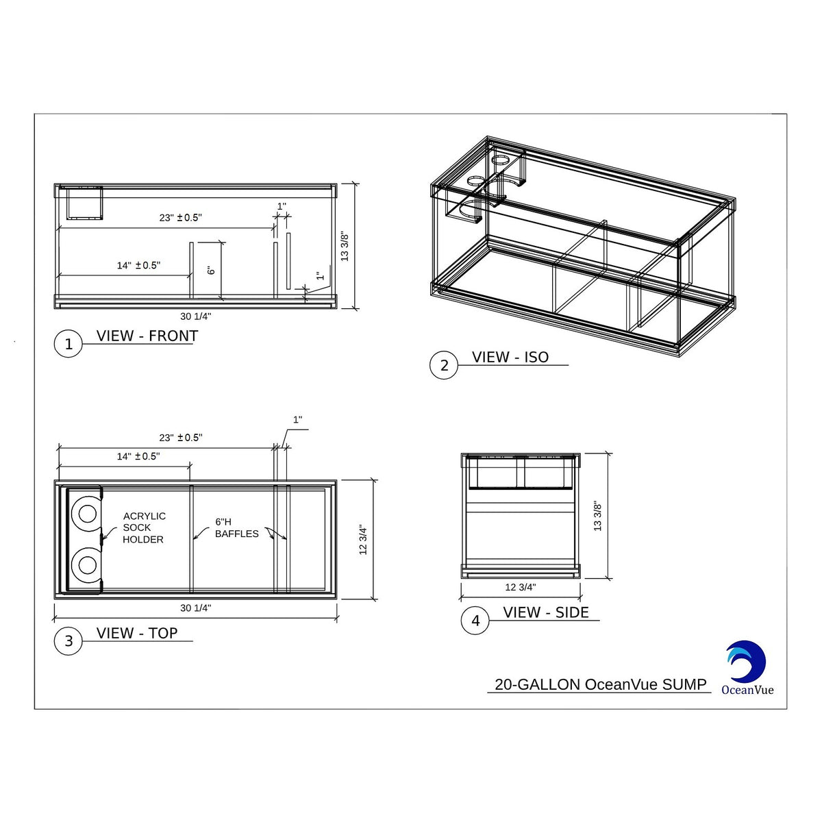 OceanVue ECO Glass Sump, 20 gallon 30 in sump dimension drawing