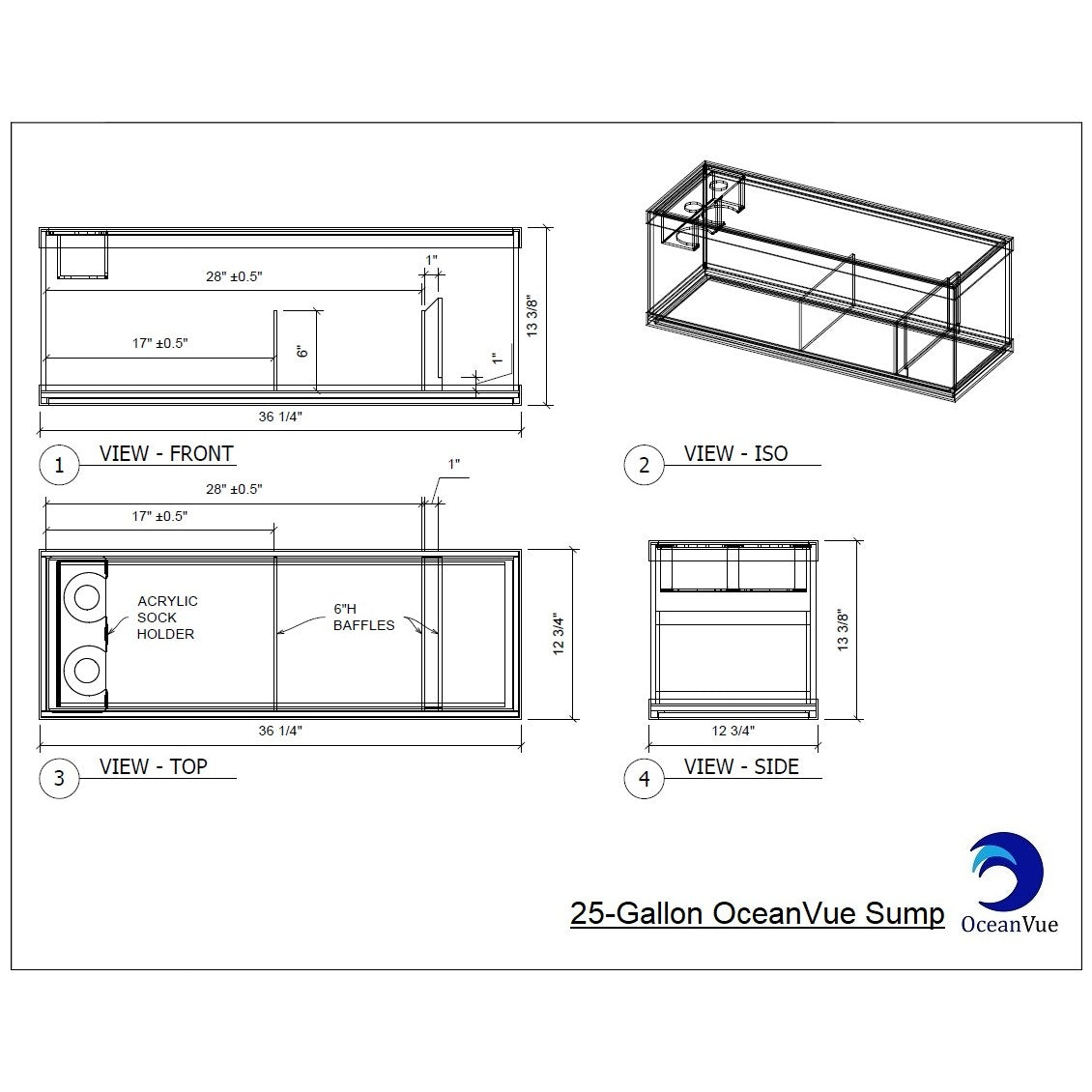 OceanVue ECO Glass Sump, 25 gallon 36 in sump dimension drawing