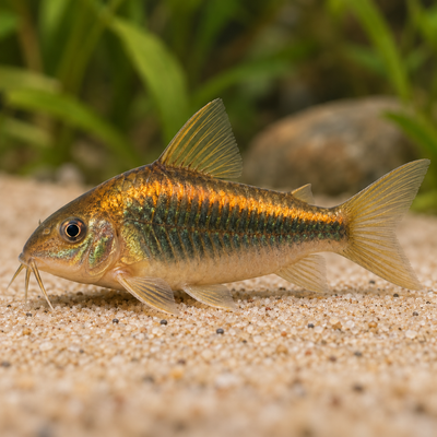 AI-generated representative image of an Orange Laser Corydoras (Corydoras sp. CW010), showing its orange upper-flank stripe and armored body on sand; not a photograph of actual stock.