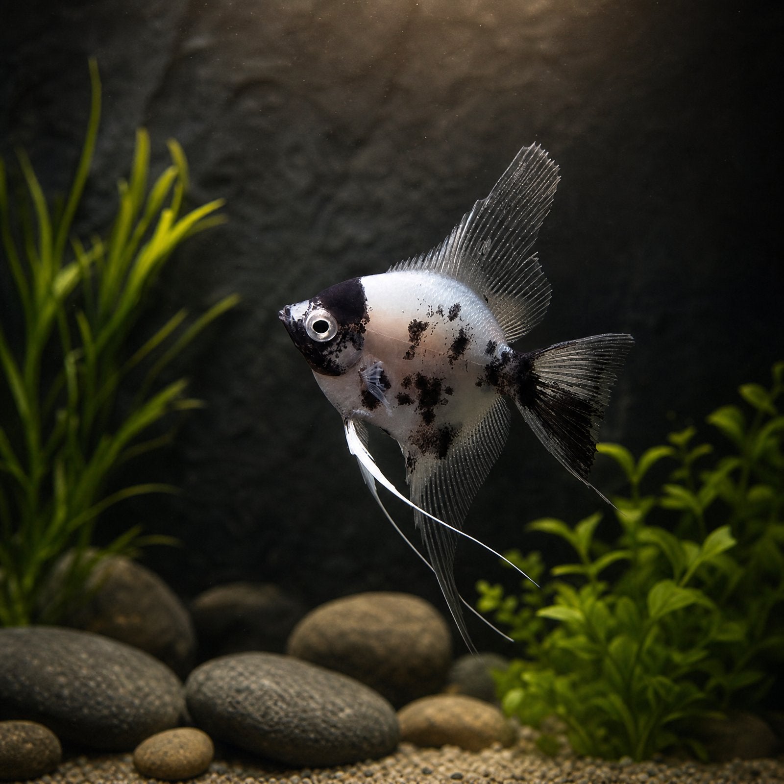 Panda Angelfish (Pterophyllum scalare) freshwater cichlid with white body, black blotches and dark face mask