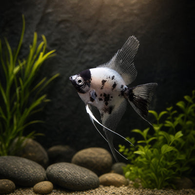 Panda Angelfish (Pterophyllum scalare) freshwater cichlid with white body, black blotches and dark face mask