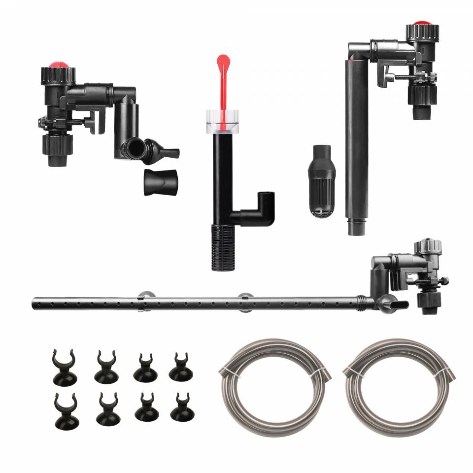 Aquatop CF MKII canister filter plumbing kit with valves, spray bar, tubing, and suction cups