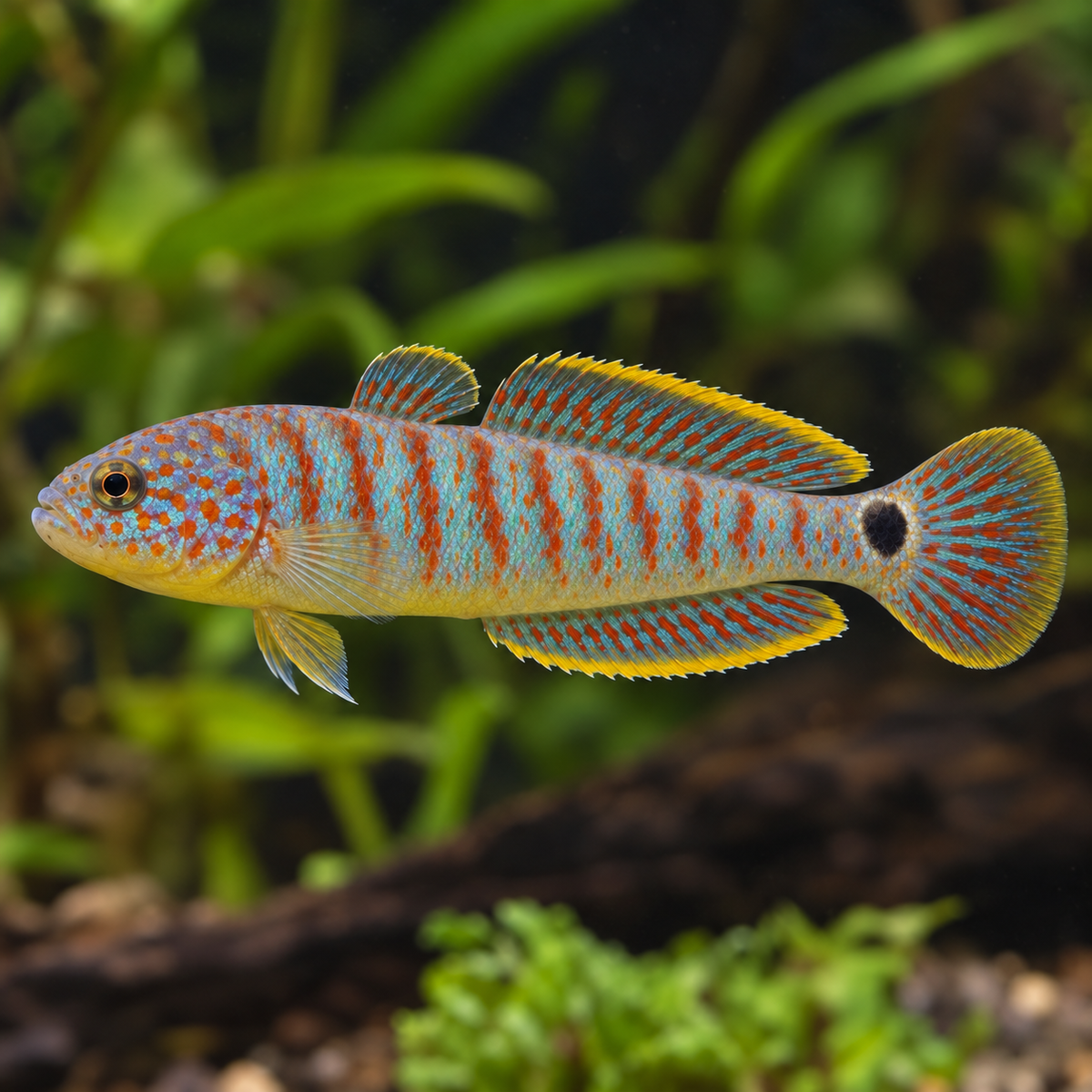 AI-generated representative image of a Peacock Gudgeon (Tateurndina ocellicauda); not a photograph of actual stock.