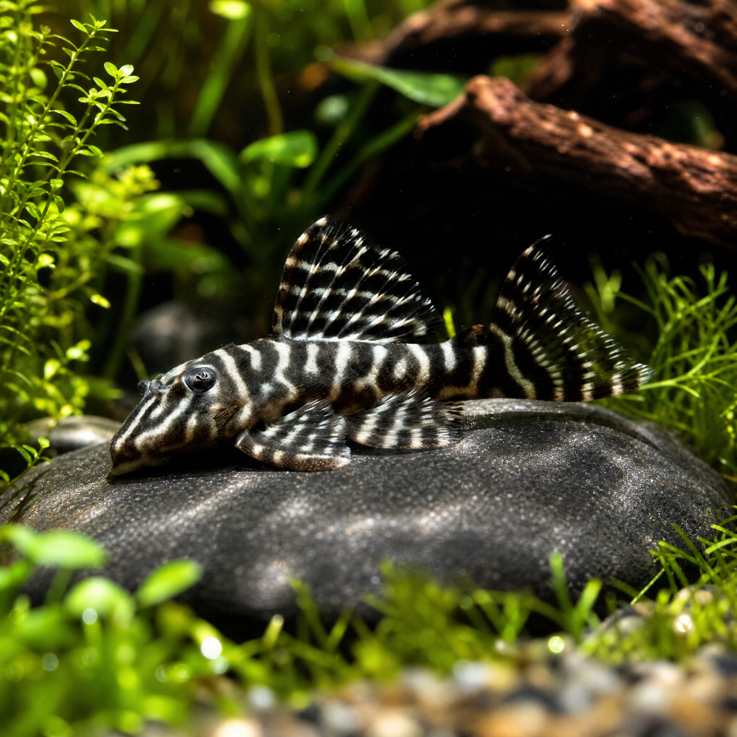 L-129 False Zebra Pleco (Hypancistrus debilittera) freshwater pleco with cream and dark vermiculated pattern