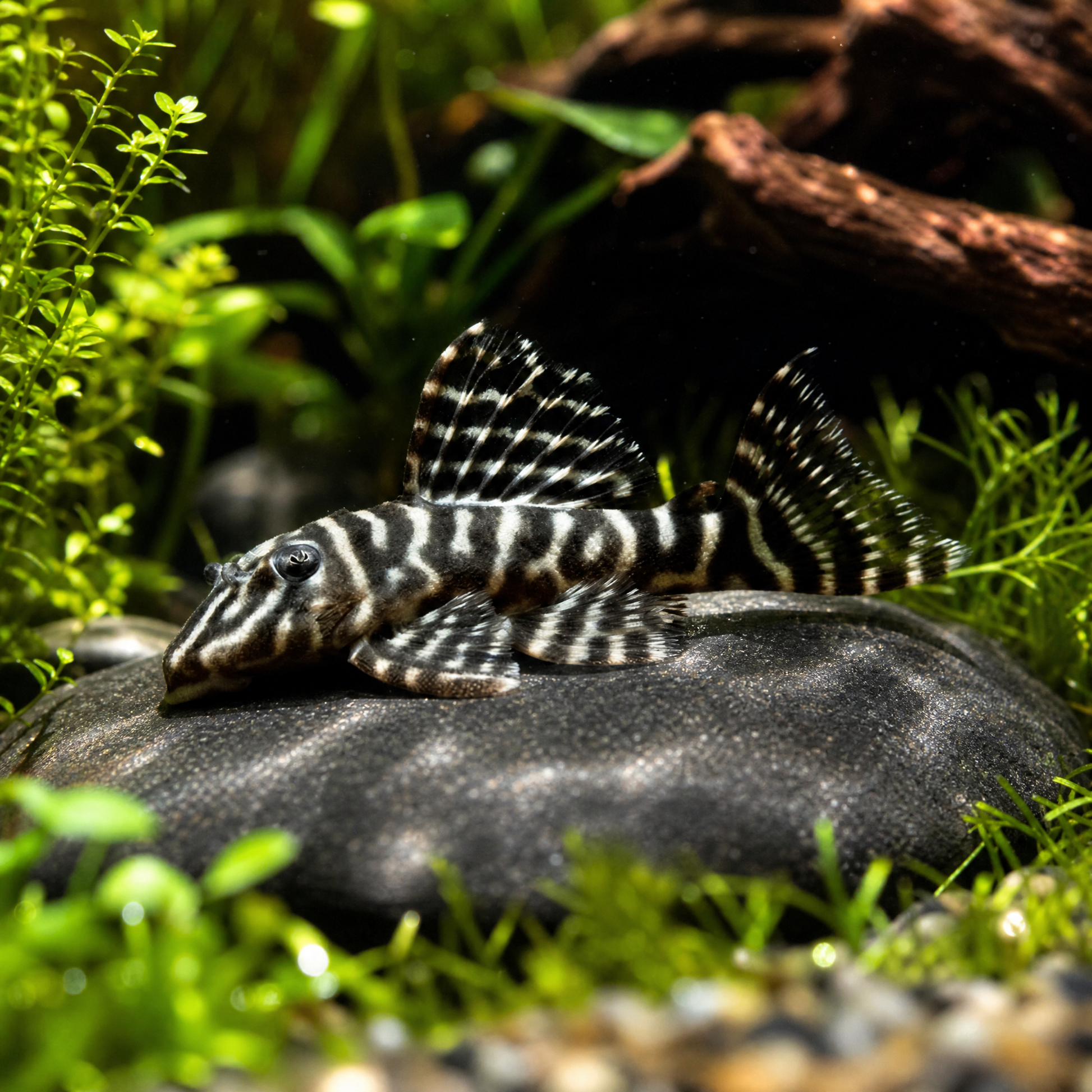 L-129 False Zebra Pleco (Hypancistrus debilittera) freshwater pleco with cream and dark vermiculated pattern