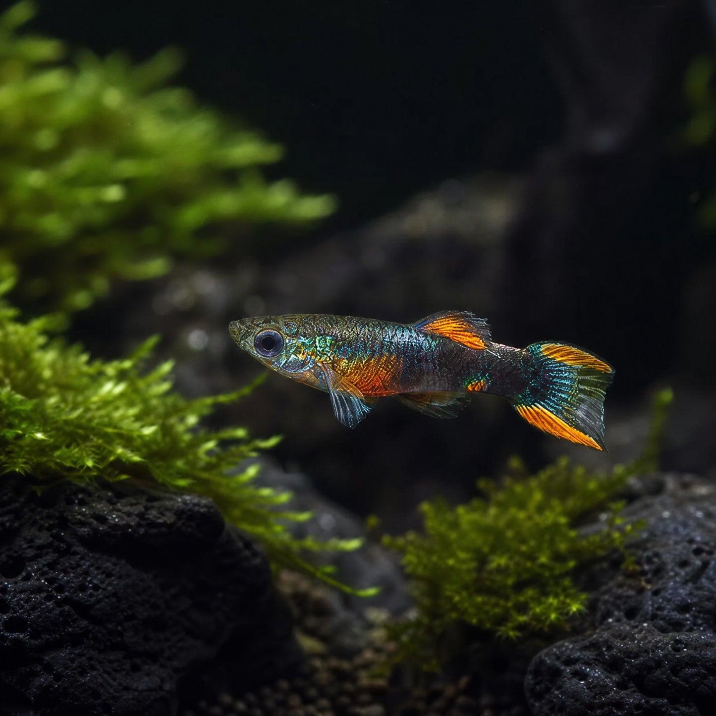 Premium Assorted Endler (Poecilia wingei) male nano livebearer with metallic orange green and blue pattern