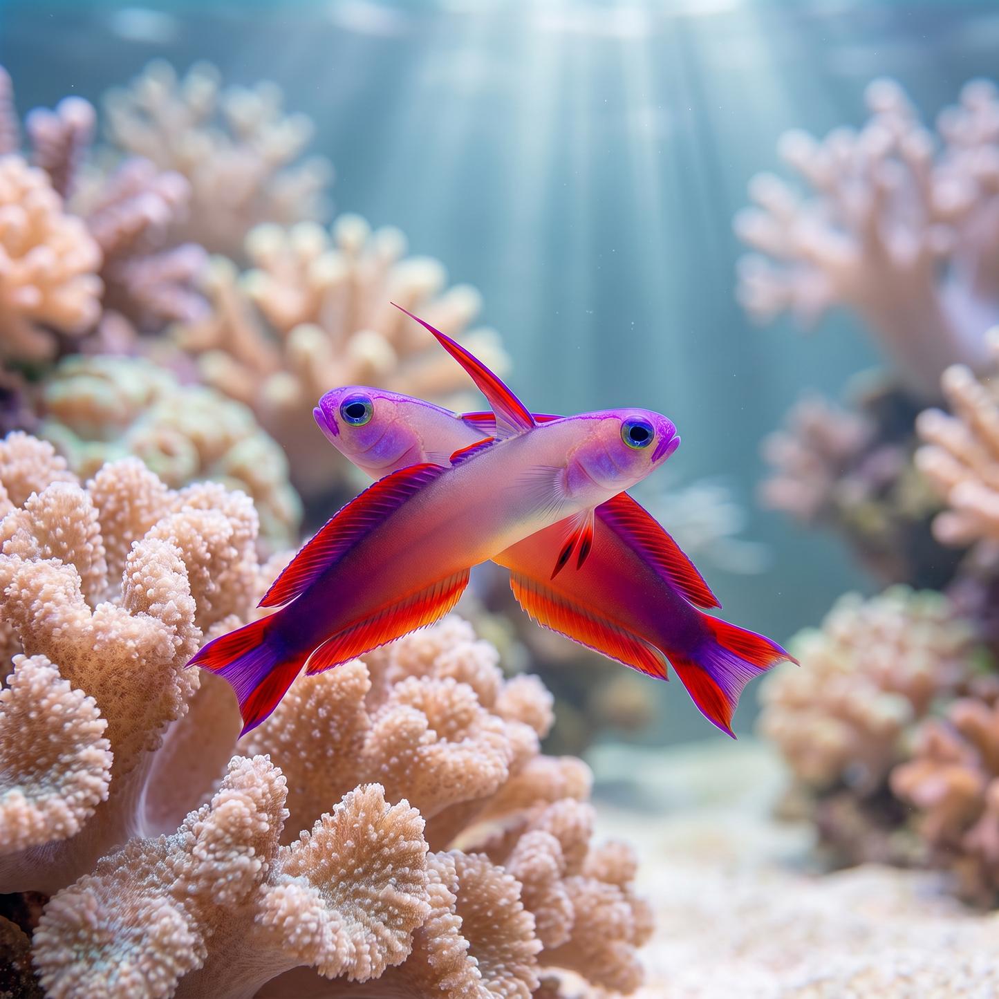 Purple Firefish Goby (Nemateleotris decora) with a pearl-white body, electric purple snout, and red-and-violet finnage, hovering near coral