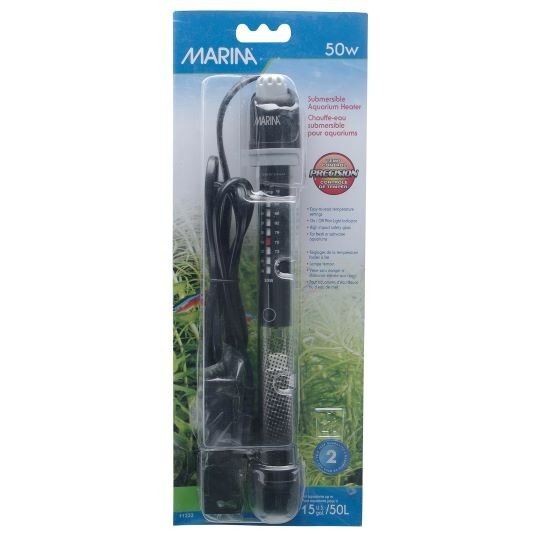 Marina Submersible Aquarium Heater 50W 8.5 inch in packaging, fully submersible glass heater with temperature control for fresh or saltwater tanks up to 15 gallons