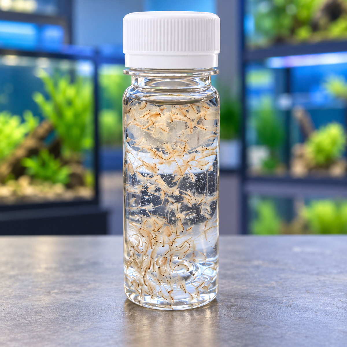 Freshly bottled live adult brine shrimp (Artemia sp.) from Squeaky's Aquatics