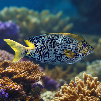 Starry Rabbitfish (Siganus stellatus) saltwater algae eater with honeycomb spotting and yellow tail