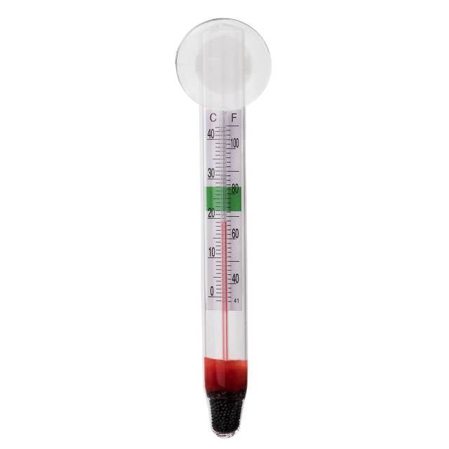 Aquatop GT-001 glass thermometer with suction cup, showing the green safe temperature zone