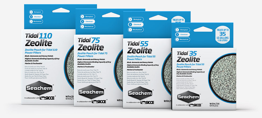 Seachem Tidal Zeolite ammonia-removal media pouch boxes for Tidal 35, 55, 75, and 110 hang-on-back filters, marine and freshwater