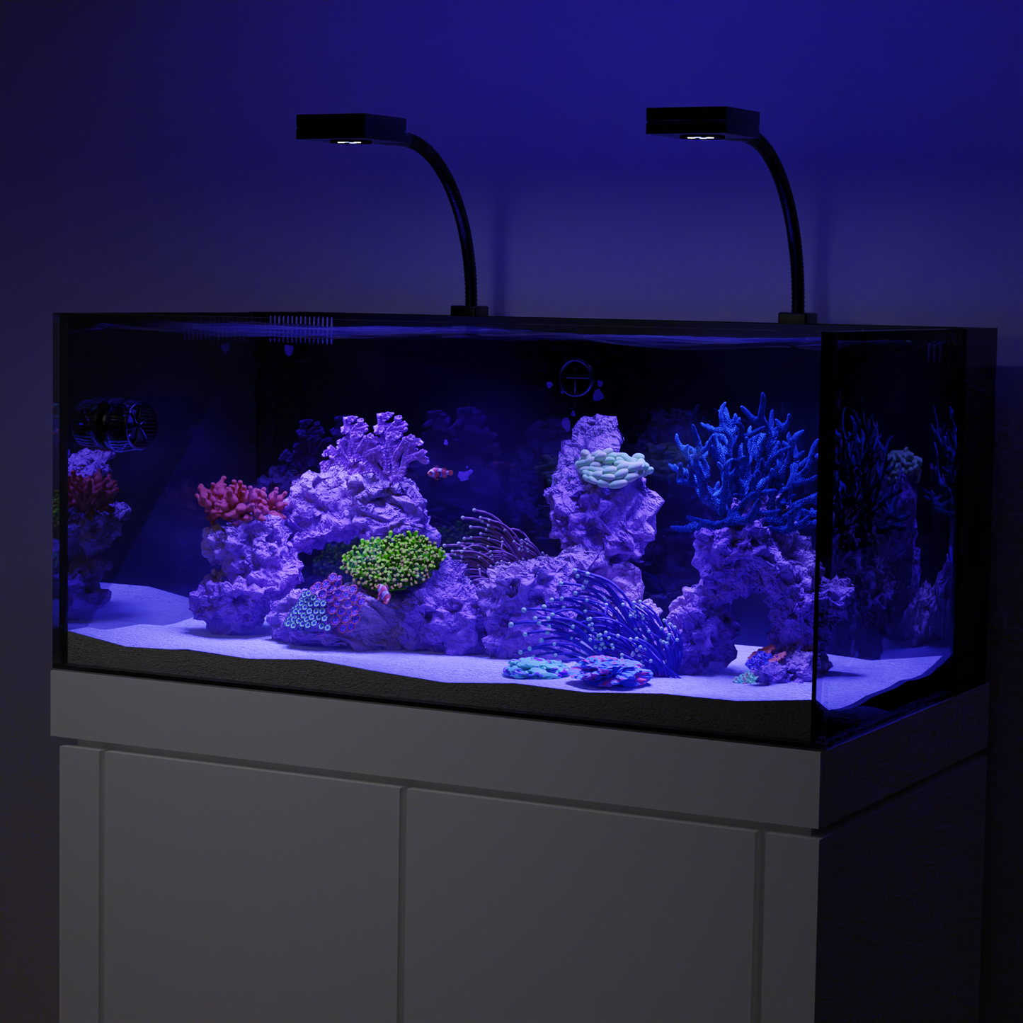 Tideline AIO 47G Lagoon reef aquarium aquascaped with corals under blue LED lighting