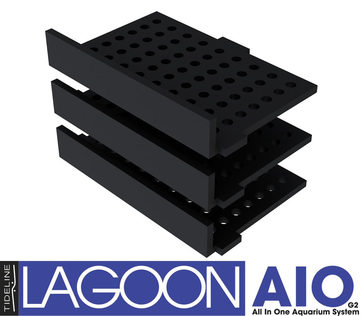 Three black Tideline Flow Matrix media trays for the Lagoon AIO G2 rear chamber, stacked