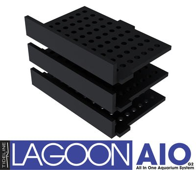 Three black Tideline Flow Matrix media trays for the Lagoon AIO G2 rear chamber, stacked