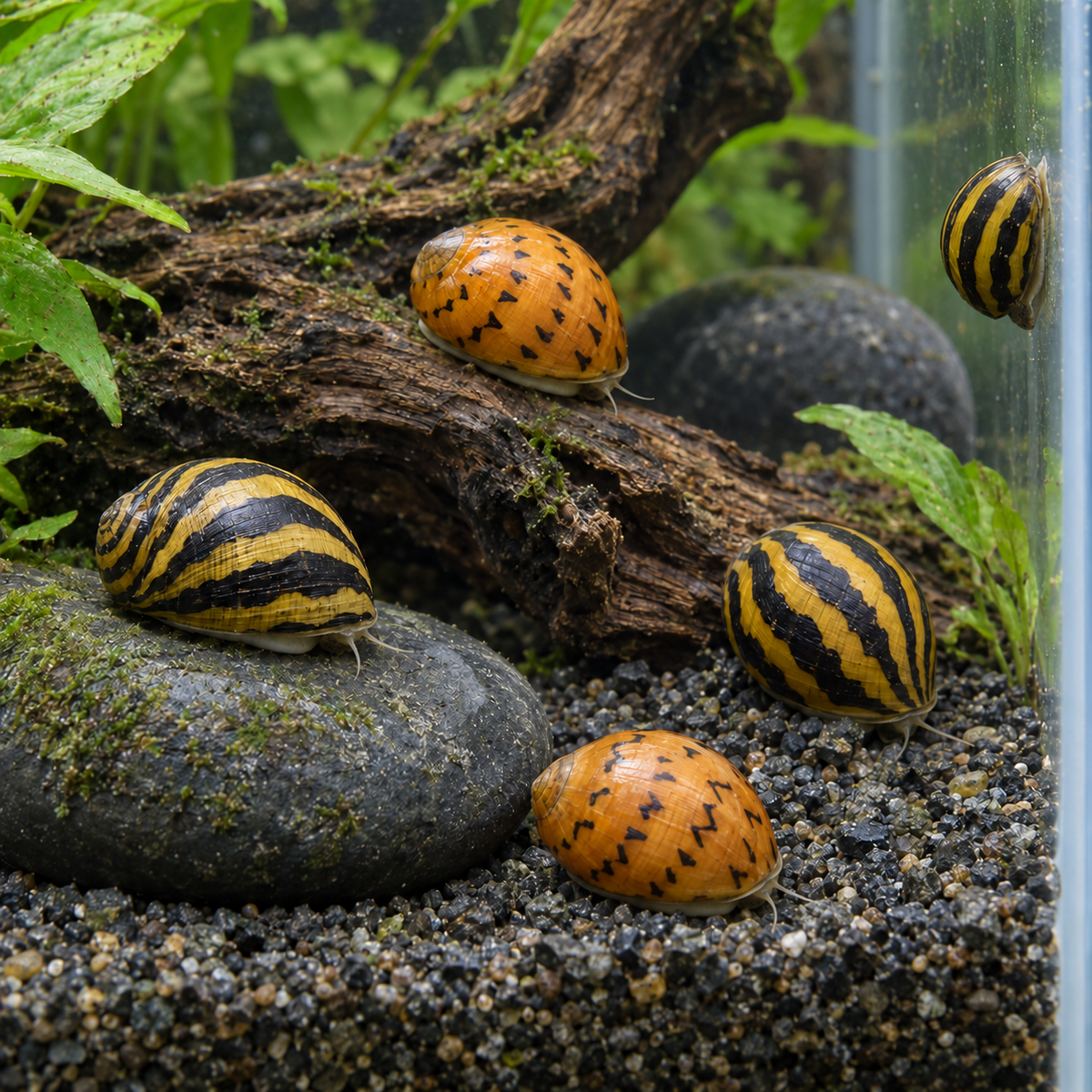 Tiger and Zebra Nerite Snails (Vittina semiconica, V. natalensis) freshwater algae eaters, representative image