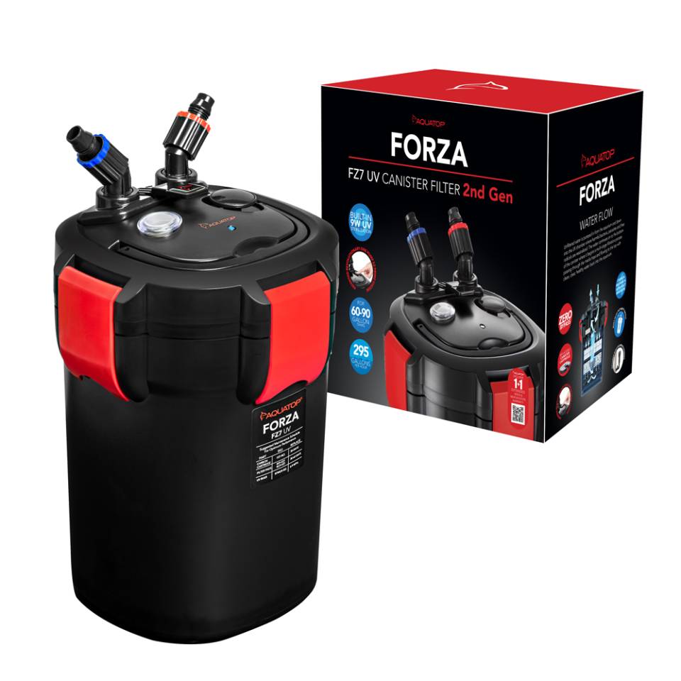 Aquatop Forza FZ7 UV canister filter next to its FORZA retail box