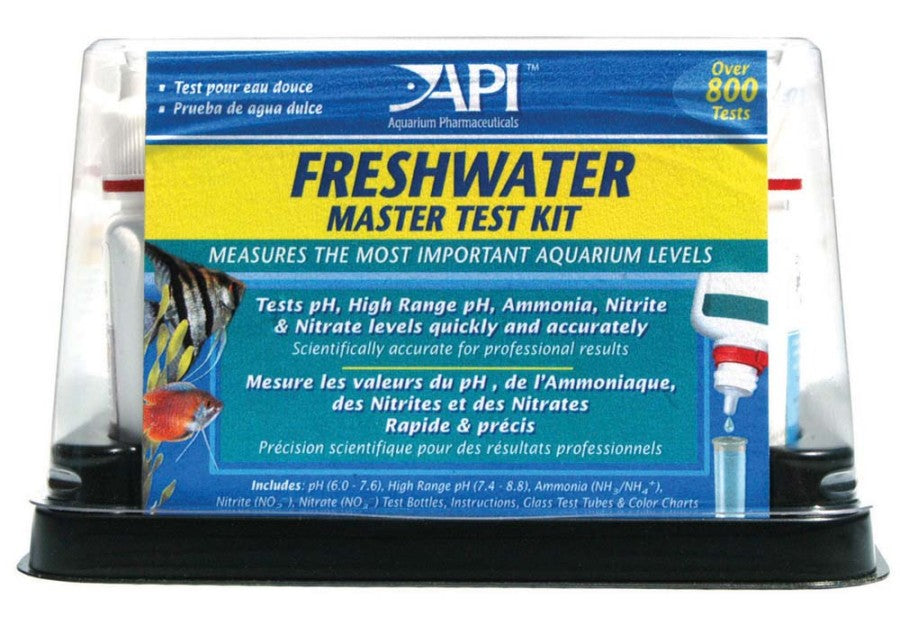 API Freshwater Master Test Kit box with liquid reagent bottles and test tubes
