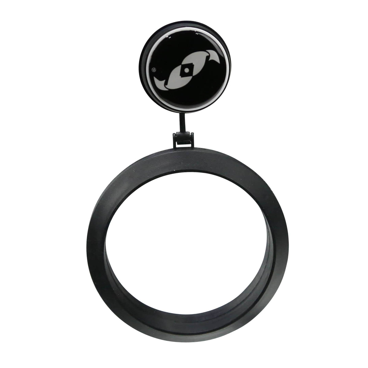 Two Little Fishies MagFeeder assembled, magnetic mount with the TLF logo above the floating feeder ring