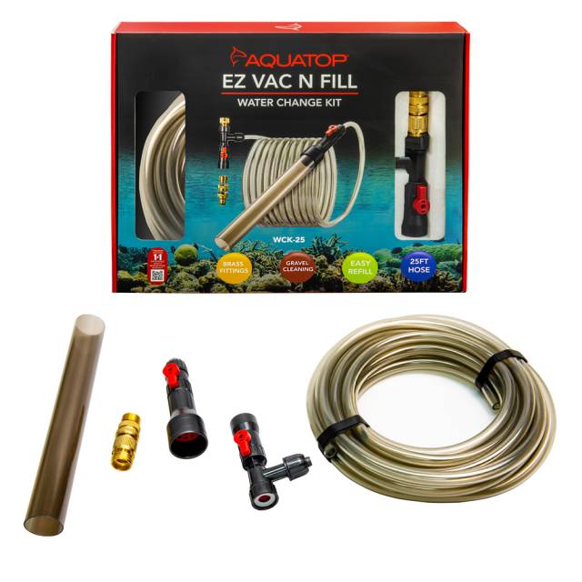 Aquatop EZ Vac-N-Fill 25 ft aquarium water changer kit with gravel vacuum, hose, faucet adapters and box