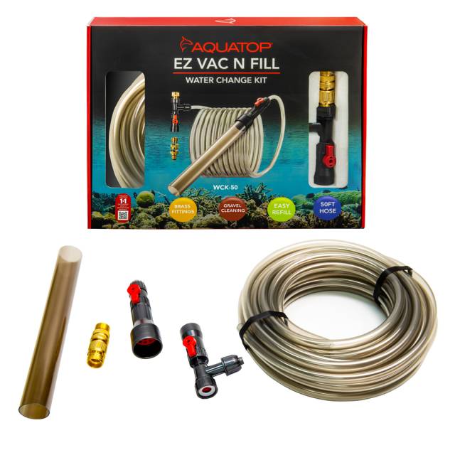 Aquatop EZ Vac-N-Fill 50 ft aquarium water changer kit with gravel vacuum, hose, faucet adapters and box