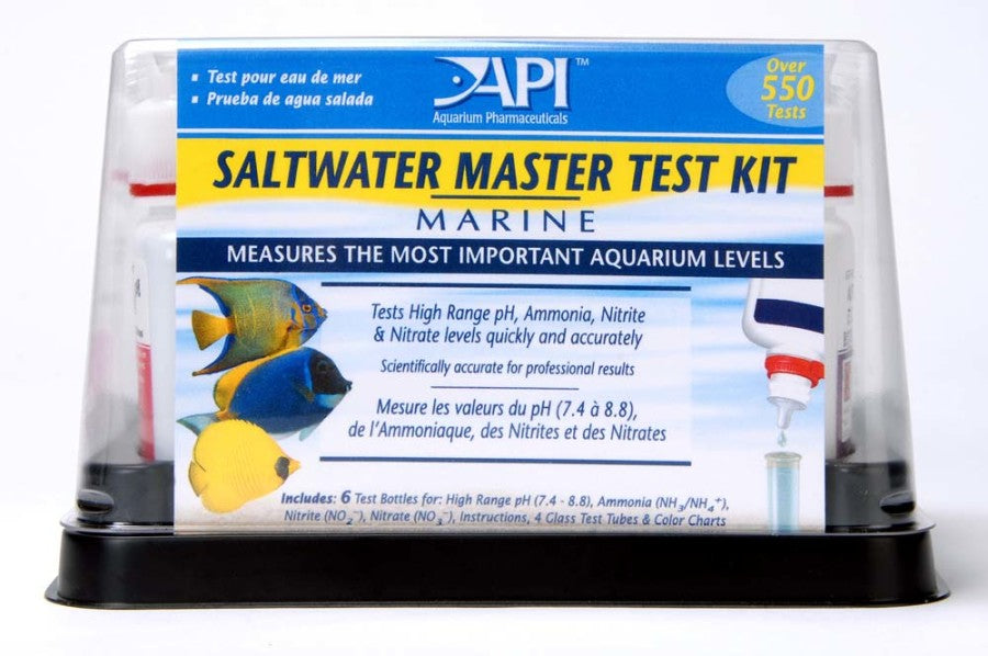 API Saltwater Master Test Kit box with liquid reagent bottles and test tubes