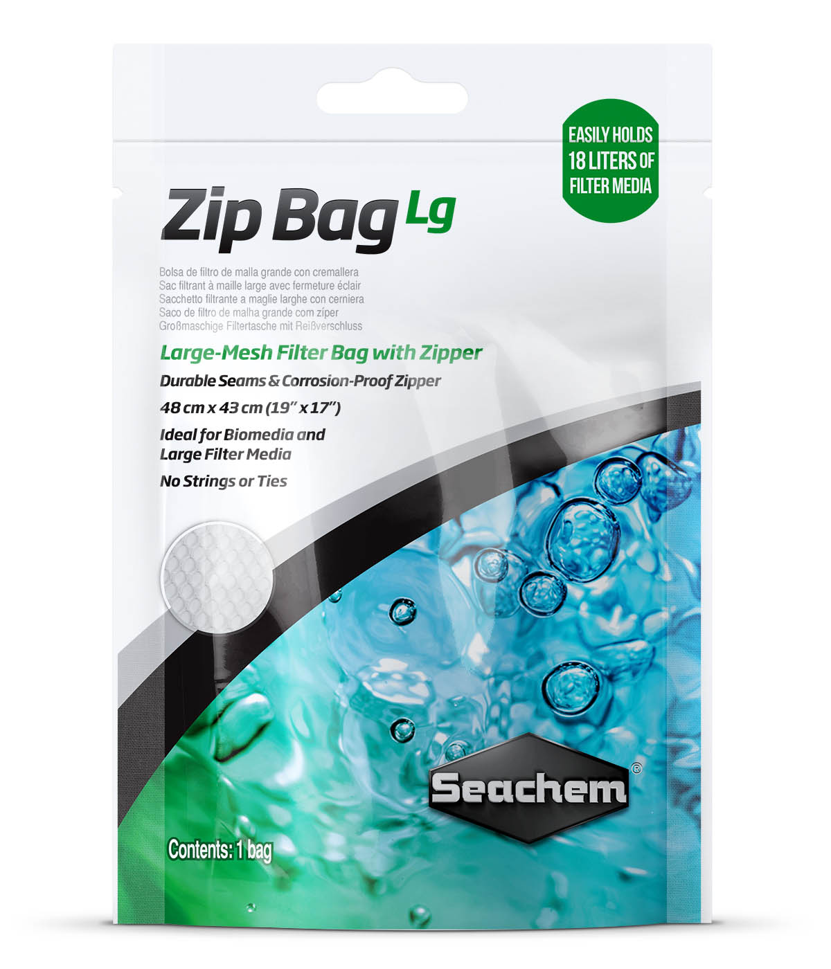 Seachem Zip Bag Large coarse-mesh filter media bag packaging